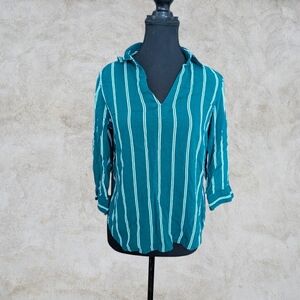 H&M Pinstriped V-Neck Collared Blouse Green White Preppy Size 6